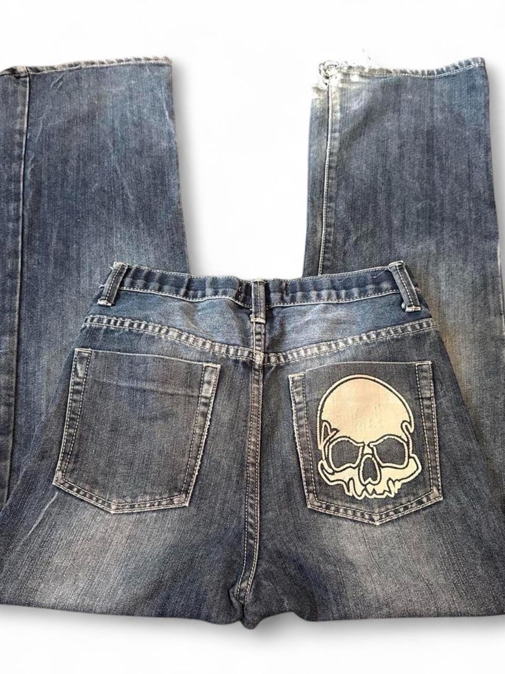 Vintage Y2K 2000s Route 66 Skull Graphic Dark Wash Bootcut Jeans